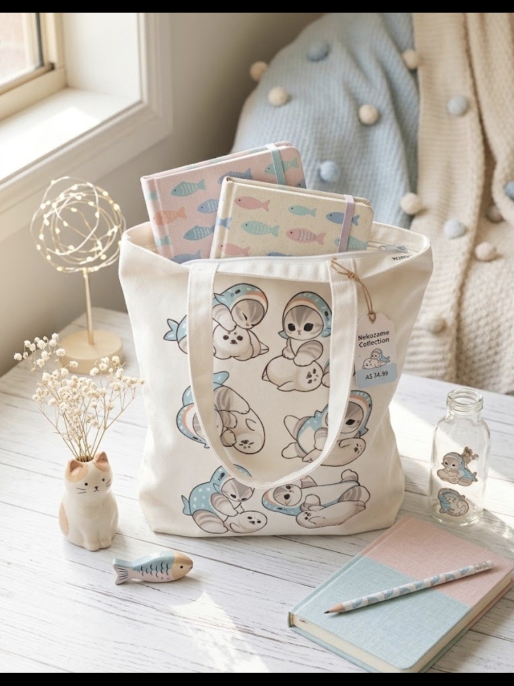 Kids Cream Canvas Tote Bag with Blue Accents